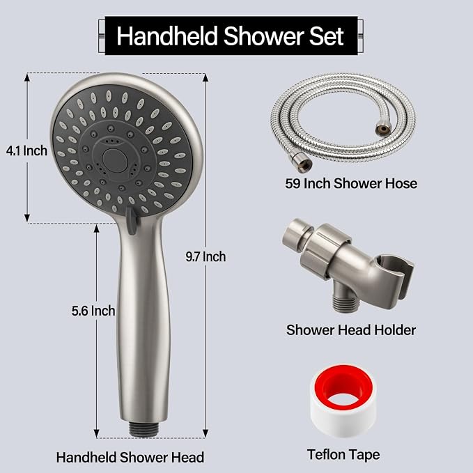 Handheld Shower Head High Pressure 5-Settings with Hose, Matte Black | Powerful Water Spray, Against Low Pressure Water Flow, 59 Inch Stainless Hose, Adjustable Mount