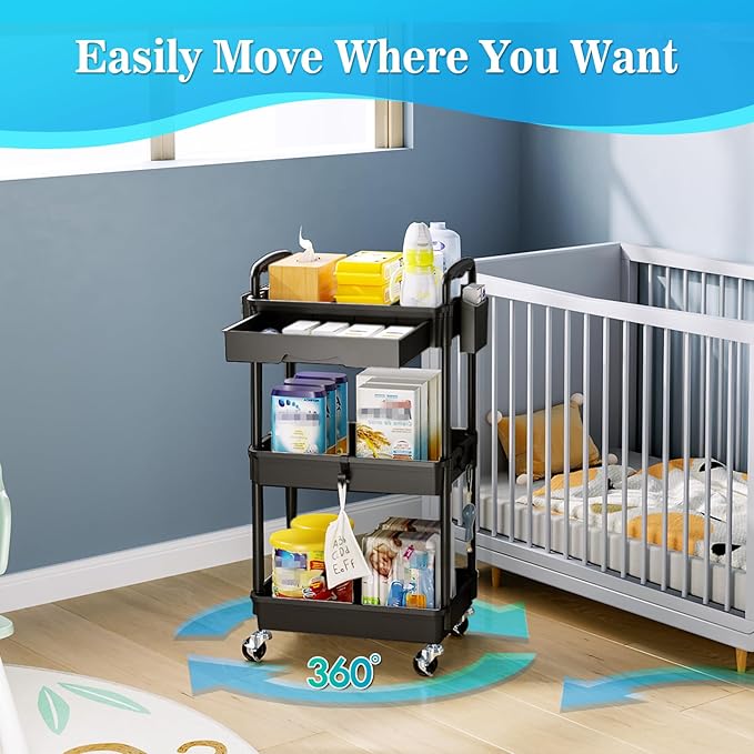 SUNALLY 3 Tier Rolling Cart with Drawer, Craft Storage Cart Organizer,Black | Bathroom Storage Organizer with 2 Lockable Wheels, Rolling Utility Cart for Kitchen, Office, Baby, Makeup, Nail,Snack,Laundry