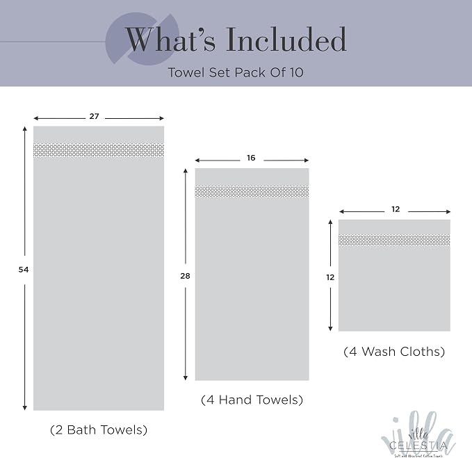 Villa Celestia 10-Piece 100% Cotton Towel Set, 2 Bath Towels, 4 Hand Towels, 4 Wash Cloth, Quick-Dry, Navy Blue