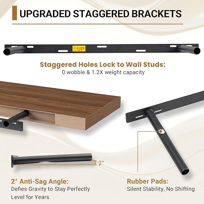 Vivelove Deep Floating Shelves 48x12” Set of 2, Walnut | Easy Install With Hardware, 2" Thick, Invisible Brackets, Wall Mounted, No Sagging, For Any Room