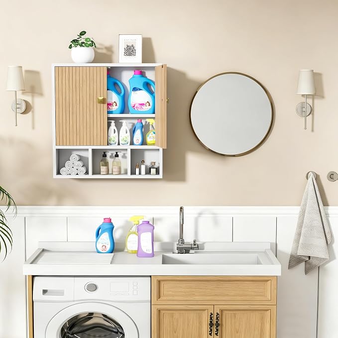 Bathroom Wall Cabinet,Wooden Medicine Cabinet with Fluted Doors Over The Toilet Storage Cabinet with Adjustable Shelf for Bathroom,White