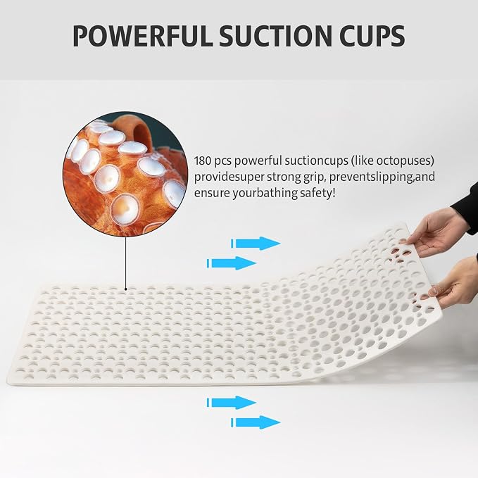Shower Mat Non Slip Bath Mat for Tub - 35" x 16" Soft TPE Bathtub Mat Non Slip Shower Mats for Inside Shower, Anti Slip Shower Mat with Suction Cups, Quick-Drying Bath Tub Mat, White