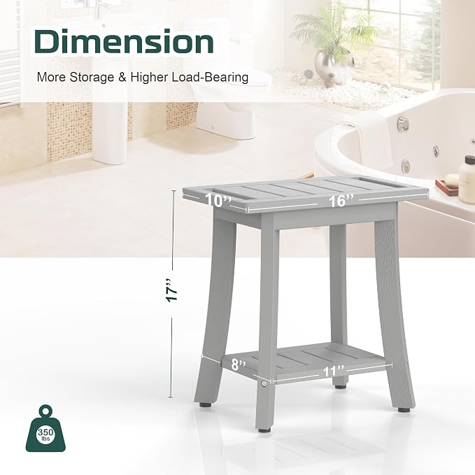 Waterproof HIPS Shower Bench for Inside Shower, Shower Stool, Grey | For seating and leg shaving, Wood-Look texture, Easy care, Non-slip leveling feet, Storage shelf, Indoor/Outdoor use, 350 lb