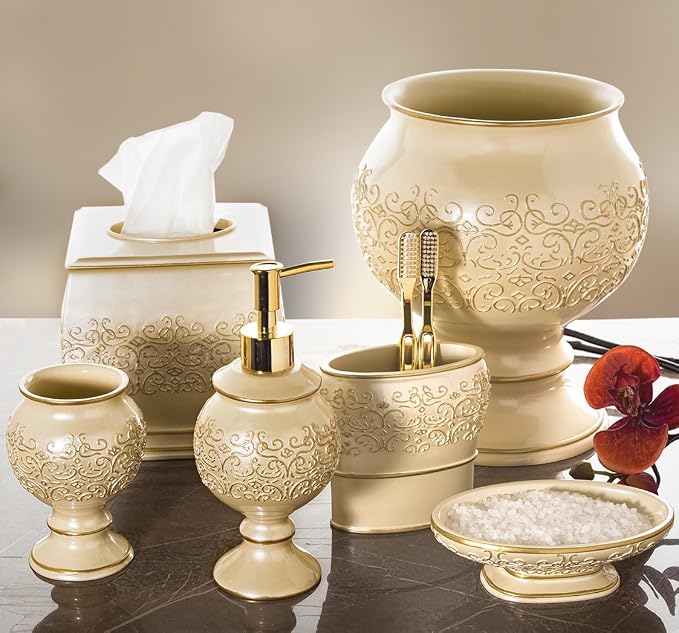Creative Scents Shannon Hand Soap Dispenser for Bathroom | Decorative Beige and Gold Countertop Modern Lotion Dispenser with Durable Metal Lotion Pump - Elegant Bathroom Decor