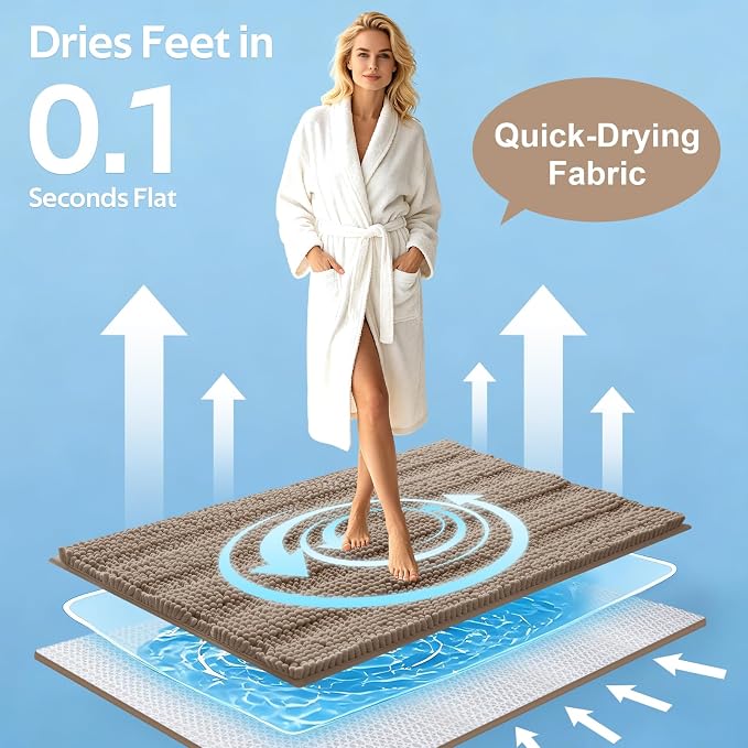 Striped Dark Beige Toilet Bathroom Rug Mat Set 2 piece Rug Ultra Soft, Non Slip Chenille Bath Rugs, Absorbent Plush Shaggy Bath Mats for Bathroom, Bedroom, Kitchen, Shower, Tub,Taupe