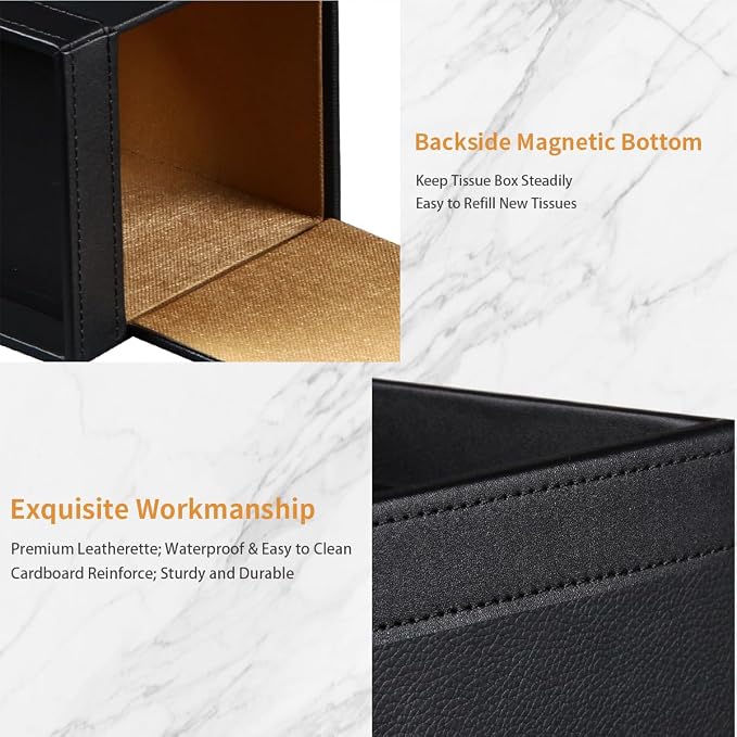 PU Leather Square Tissue Box Cover with Storage Tray - Decorative Organizer for Bathroom Vanity, Night Stands, Office Desk, Bedroom Countertop | Stylish Tissue Holder for Home & Office Décor | PU Leather Side Open Napkin Caddy,Facial Paper Dispenser fo...