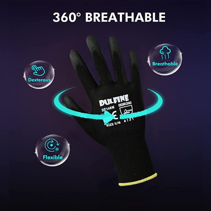 DULFINE Safety Work Gloves for Men & Women, PU Coated Seamless Knit Grip | Smooth Grip on Palm & Fingers, Ideal for Light General Duty Work, Gardening, Landscaping, Construction, Mechanic, Warehouse