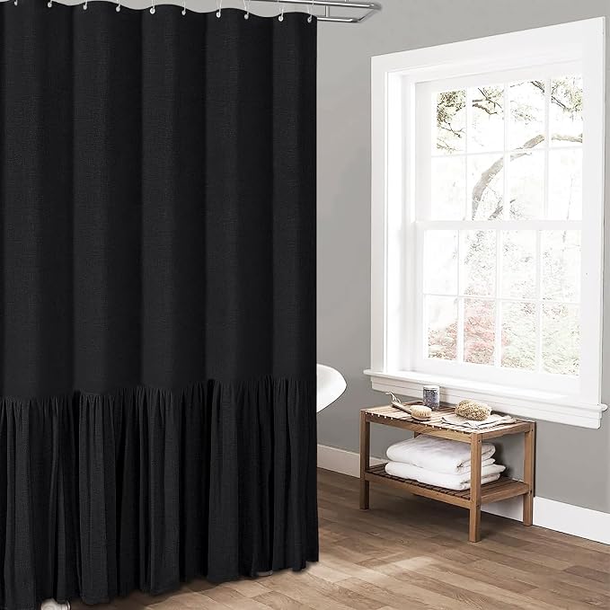 Extra Long Linen Ruffle Farmhouse Cloth Shower Curtain, 72x96, Black | Ruffle Hem, Heavy Duty Fabric, 12 Hooks, Elegant Drape, Shabby Chic Style, Bathroom Decor, Machine Washable, Easy To Install