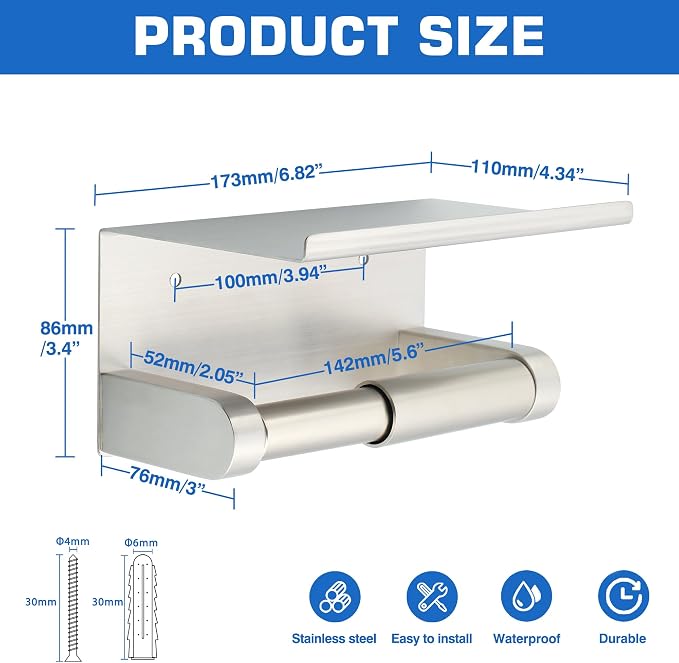 Alise Toilet Paper Holder with Shelf Wall Mount Adhesive or Drill,Brushed | SUS304 Stainless Steel Toilet Paper Roll Holder with Spring Loaded Anti-fall Tissue Holder Storage Dispenser,Rustproof