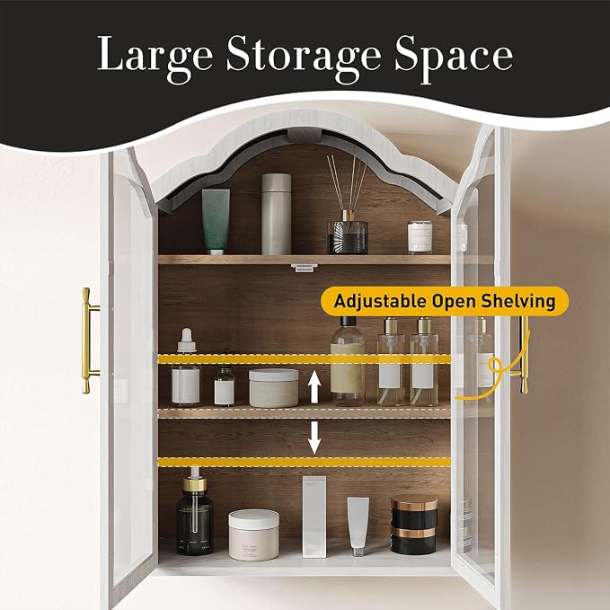 Arched Bathroom Wall Cabinet with Glass Doors, 31.5×23.6" Wall Mounted Display Cabinet with Adjustable Shelves, Hanging Storage Cabinet for Kitchen, Living Room