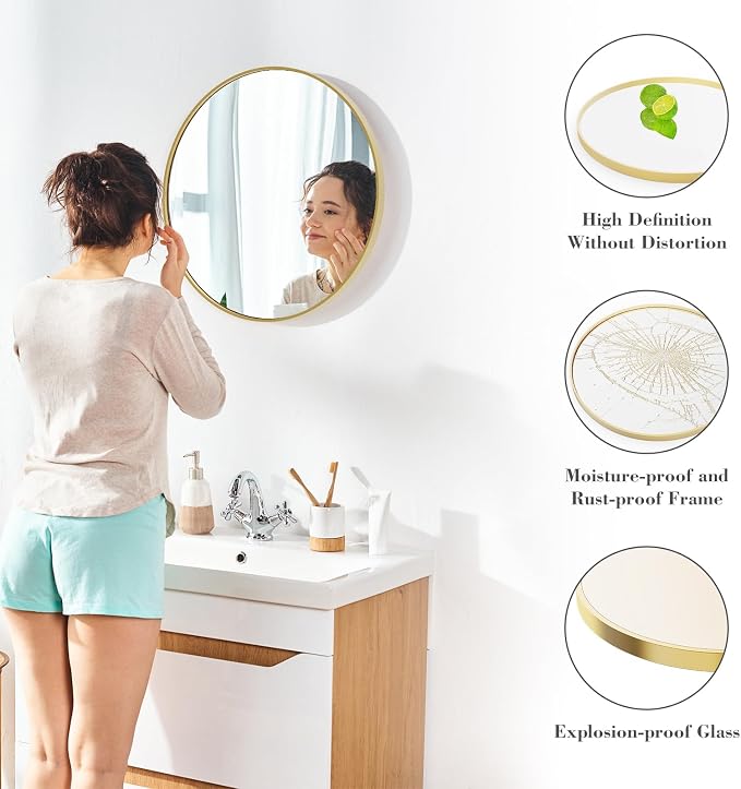 NEWBULIG 28 Inch Round Bathroom Mirror, Wall Mount Vanity Mirror | Circle Mirror for Over Sink, Matte Metal Frame, Entryway Decor, Bedroom Decor, Gold