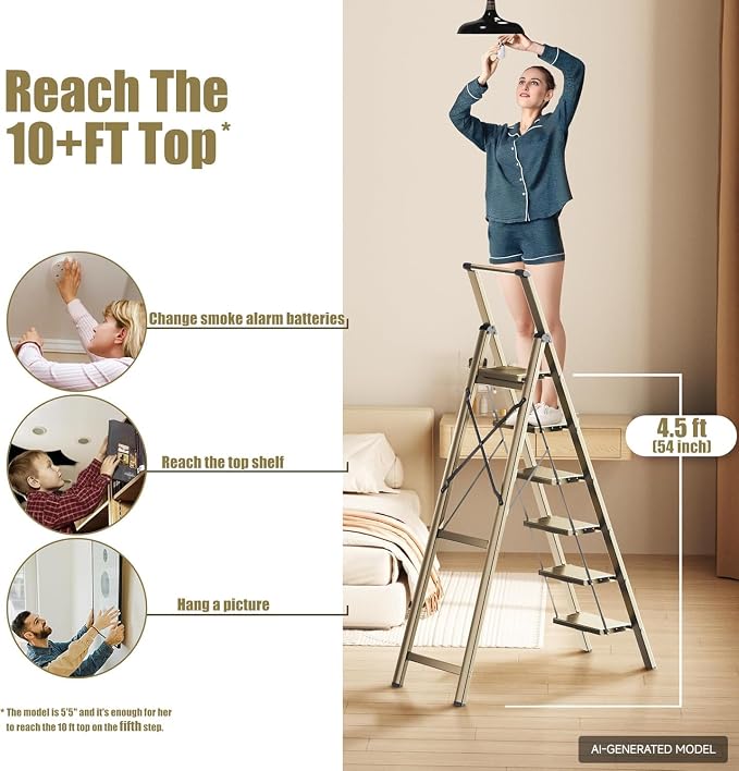 6 Step Ladder, Folding Step Stool, Lightweight Stepladder, Gold | Reach 12ft;Anti-Slip 7.9'' Wide Pedal;Portable Handrail;Space-Saving;For Kitchen, Home, Library, Office Use;300lbs Capacity