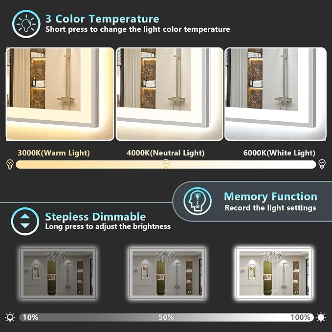 96x36 Inch Brushed Nickel LED Bathroom Mirror, Backlit & Front Lit | Silver Framed Anti-Fog Lighted Vanity Mirror with Lights, 3 Color Dimmable, Memory, HD Tempered Glass, CRI95, IP54, UL Listed