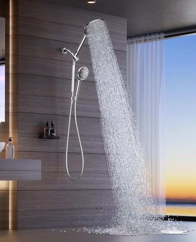 Dual Filtered Handheld Shower Heads Combo, HOPOPRO 15-Mode High Pressure Rainfall Showerheads Combo Set with Filter, for Hard Water, Removes Chlorine, Improves Skin Hair Condition, Modern Chrome