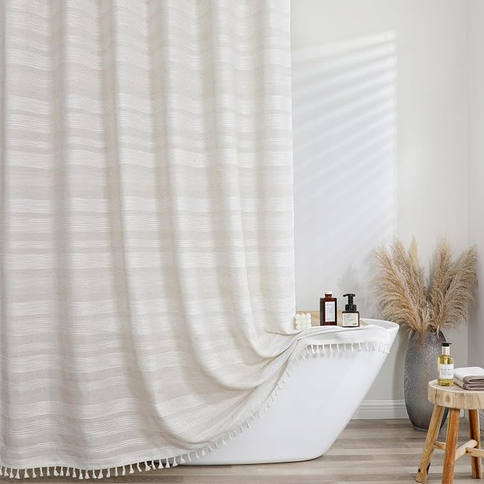 Natural Linen Shower Curtain for Bathroom, Boho Farmhouse Rustic Striped Shower Curtain with Tassel, Textured Heavy Duty Vintage Country Bathroom Curtain, 72Wx72L Inches