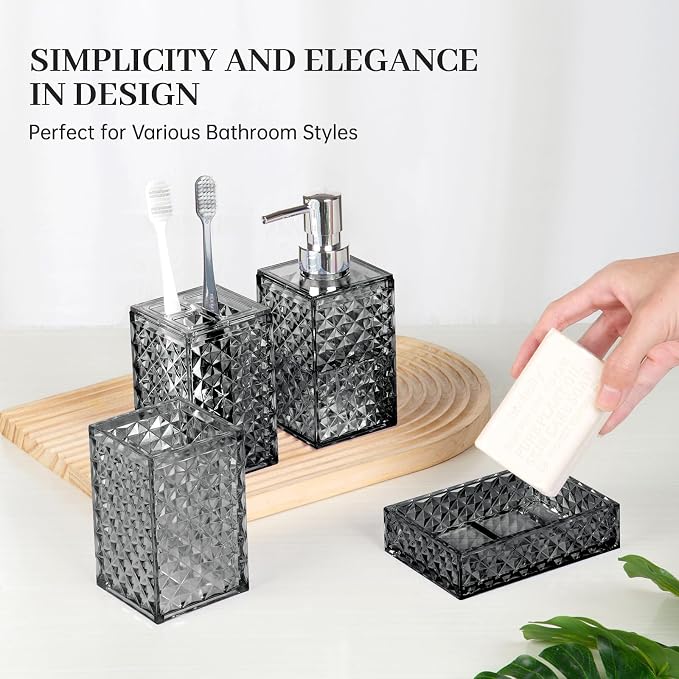 Bathroom Accessory Set, Grid Pattern 4 Pcs Plastic Bathroom Set, Grey | Include Soap Dispenser, Soap Dish, Toothbrush Holder, Mouthwash Cup, Modern Bathroom Decor Set
