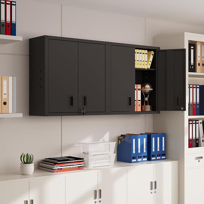 30 Inch Metal Wall Cabinet, Metal Wall Cabinet for Garage, 2pcs,Black | Wall Mount Cabinet with Lock and Adjustable Shelf, Lockable Storage Cabinet for Home Office,Garage,Gym,School