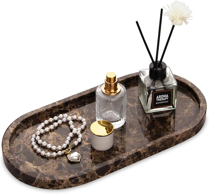 Oval Marble Bathroom Vanity Tray, Dark Brown, 12" x 6" x 0.8" | Natural Luxury Marble, Home Kitchen Bathroom Table Tray, Stone Decorative Countertop Tray, For Coffee Perfume Jewelry
