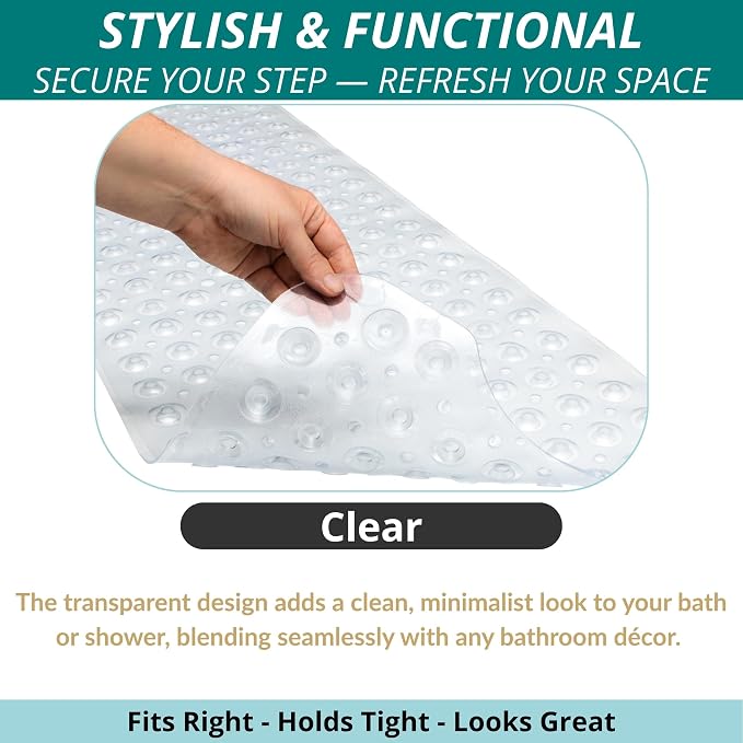 ENKOSI Non-Slip Bath & Shower Mat 40x16 Extra Long, Suction & Drain Holes | Clear look; Durable PVC; 40x16 in, Clear