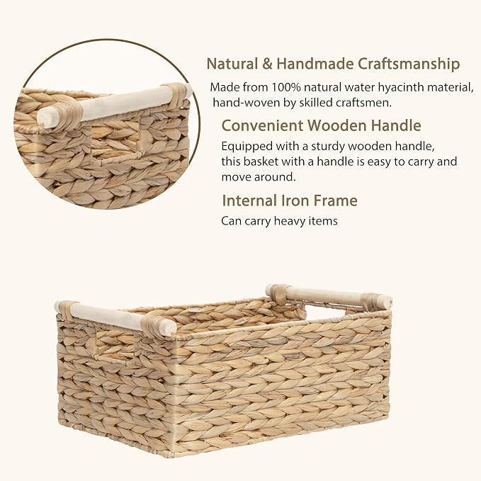 Rectangle Water Hyacinth Wicker Storage Basket Organizer(Large) | Handwoven Shelf basket with Wooden Handles for Pantry & Closet