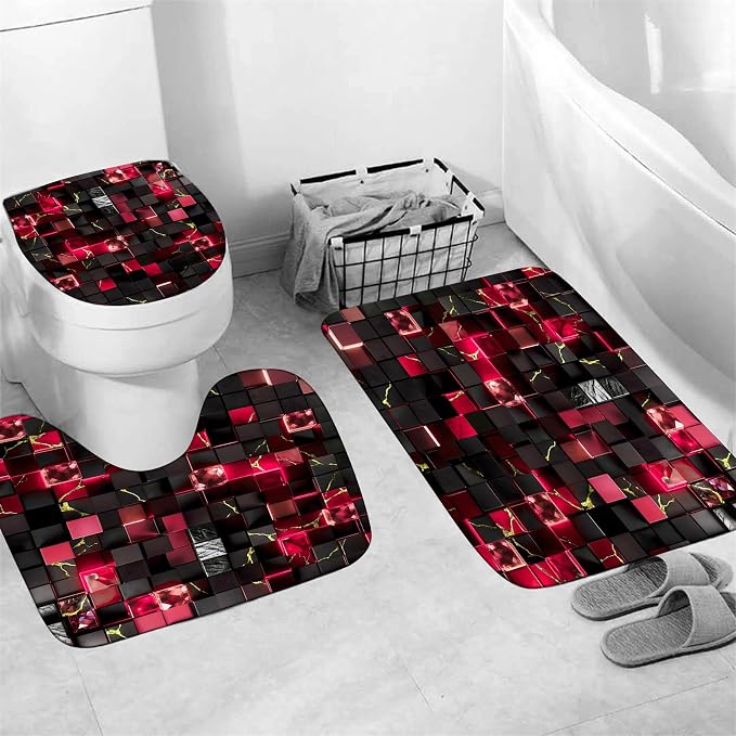 LQCOOL 4Pcs Black and Red Shower Curtain Set 3D Cubes Bathroom Sets Modern Shower Curtain Set for Bathroom Sets with Rugs and 12 Hooks | Waterproof Polyester & Soft Flannel. 12 Hooks, Toilet Lid Cover & U-Shaped Mat with Black Red Gold for Modern Decor.