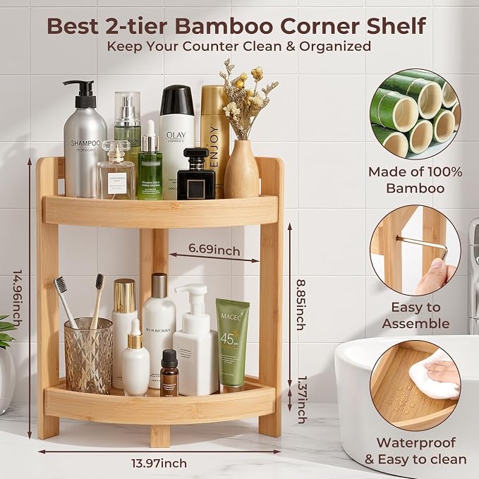 2026 New Bamboo Standing Shelf, 2 Tier Corner Shelf Stand, bathroom counter/sink organizer, Triangular Curved Corner Shelf Stand for Space-Saaving Display Ideal for Bathroom/Kitchen/Living Room