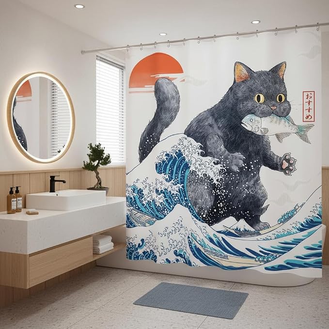 Accnicc Funny Black Cat Eating Fish Shower Curtain for Bathroom 72X72 Inch | Fun Cool Cat Shower Curtains, Japanese Ocean Wave Kids Bath Curtain Decor, Water-Resistant Washable Polyester Fabric