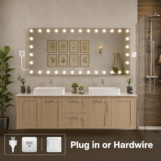 WTTY 84"x40" Hollywood Vanity Mirror with Lights | Wall Mounted Makeup Mirror, 3 Color Temperatures, Stepless Dimmable Bulbs, Anti-fog, Tempered Glass, Shadow-free