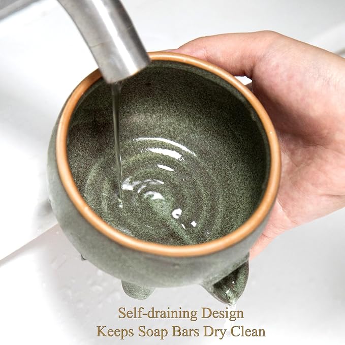 Soap Dish with Drainage, Ceramic Self Draining bar Soap Holder | Soap saver for shower, bathroom, kitchen sink, countertop. Keeps bar dry & lasts longer. Round Avocado Green