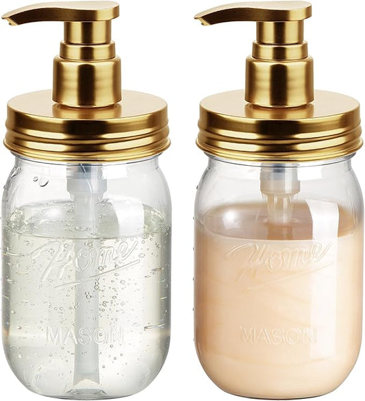 Amolliar Plastic Mason Jar Soap Dispenser with Pump Lid 16OZ -2 Pack Gold | Refillable BPA-Free Hand Soap Dispenser Set with Cute Lables, Farmhouse Decor for Kitchen Bathroom Liquid Dish Soap Lotion