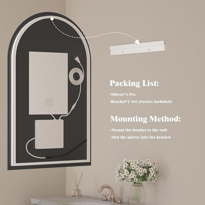 24x36 Inch Backlit Arched LED Mirror for Bathroom | Dimmable Vanity Mirror with Lights, Shatter-Proof, Anti-Fog, 3 Colors, Memory Function, ETL Listed