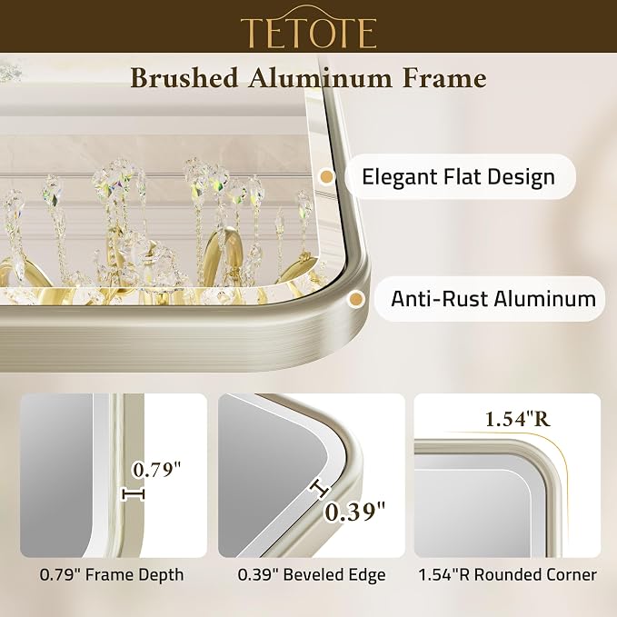 Brushed Nickel Mirrors for Wall 30 x 36 Beveled Edge Tempered Glass, Rounded Corner Rectangle Framed Mirror for Modern Bathroom, Living Room, Bedroom, Entryway