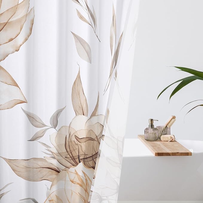 Litabel Long Boho Watercolor Floral Shower Curtain 72 x 78, Light Brown and Grey Ink Painting Style Flower Shower Curtains for Chic Elegant Bathroom, Artistic Tan 78 Inch Long Fabric Shower Curtain