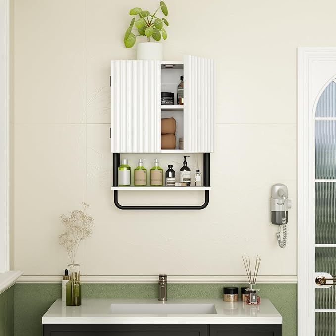 RUSTOWN Fluted Bathroom Wall Cabinet with 2 Doors, 3-Tier Medicine Cabinet | Modern Farmhouse Wall Mounted Cabinets, Over The Toilet Storage Cabinet, Adjustable Shelf and Towel Bar, Small