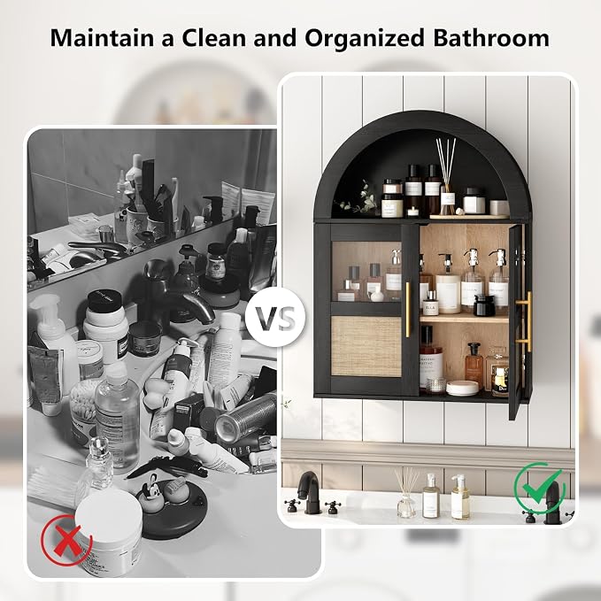 RUSTOWN Arched Bathroom Wall Cabinet with 2 Glass & Rattan Doors | Rattan Medicine Cabinet, Farmhouse Over the Toilet Storage Cabinet, Adjustable Shelves, 3-Tier Wall Mounted Cabinets