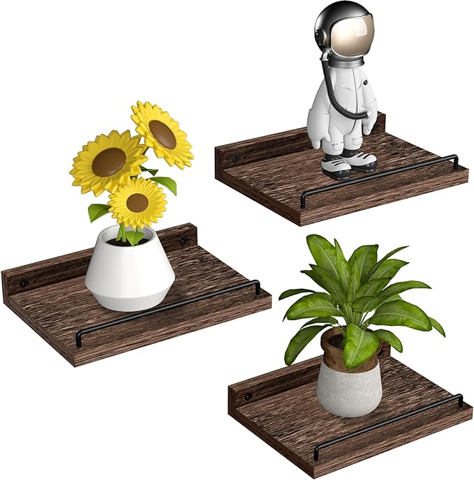 RYOFOBETTO Small Floating Shelf, 6 X 9 Inches Farmhouse Wall Shelves for Living Room, Bedroom, Picture Frames, Plants, Kitchen, Set of 3 (Brown)