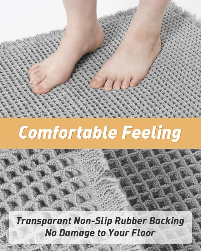 Upgraded Waffle Runner Rug, Super Absorbent Non Slip Bath Mats for Bathroom Floor, Washable Bathroom Runner Rug with Tassels, Ideal for Hallway Bedroom Laundry Room, Light Grey, 2'x 4'(24" x 48")