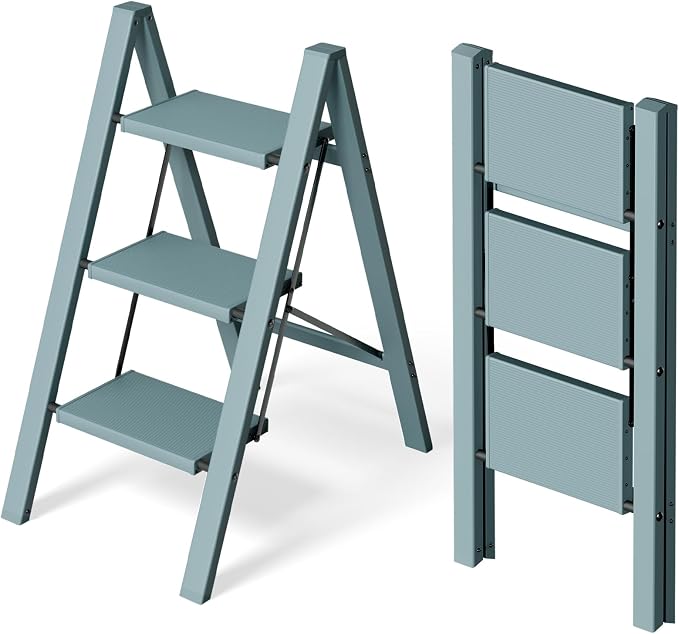 HillhutApex 3 Step Stool Foldable Ladder,Aluminum Step Ladder | Folding Lightweight Stable Stool with Wide Non-Slip Pedals, 330lbs Bearing Capacity Ladder for Office,Home,Kitchen-Light Blue