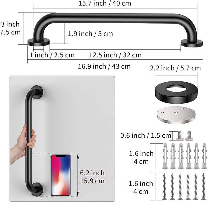 Black Grab Bar 16 Inch, Grab Bar for Bathtub and Shower | Stainless Steel, Bathroom Safety Bar, Bath Handle Handrail for Senior Elderly, Matte Black Handicap Bars, Wall Mounted