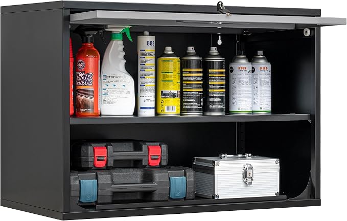 Fesbos Metal Storage Cabinet Black&Gray Wall Cabinets with Shelf and Locking Door - Wall Mounted Storage Cabinet for Garage Warehouse Home Office - Assembly Required
