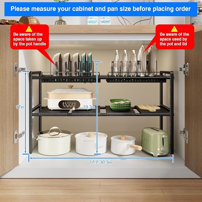 Mustorn Pots and Pans Organizer Under Cabinet, Expandable 1 Tier Under Sink Organizers and Storage Adjustable Height Kitchen Pot and Pan Lid Holder Rack with 6 Dividers Under Cabinet Shelf(Black)