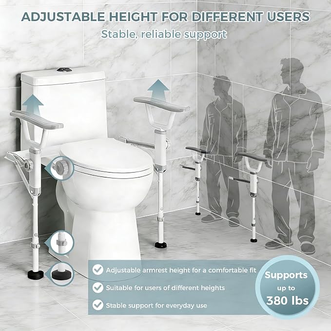 Folding Toilet Safety Rails - Adjustable Bathroom Support Frame with Foldable Arms for Elderly, Seniors, Post-Surgery Recovery, and Pregnant Women - Tool-Free Installation, Sturdy Grab Bar
