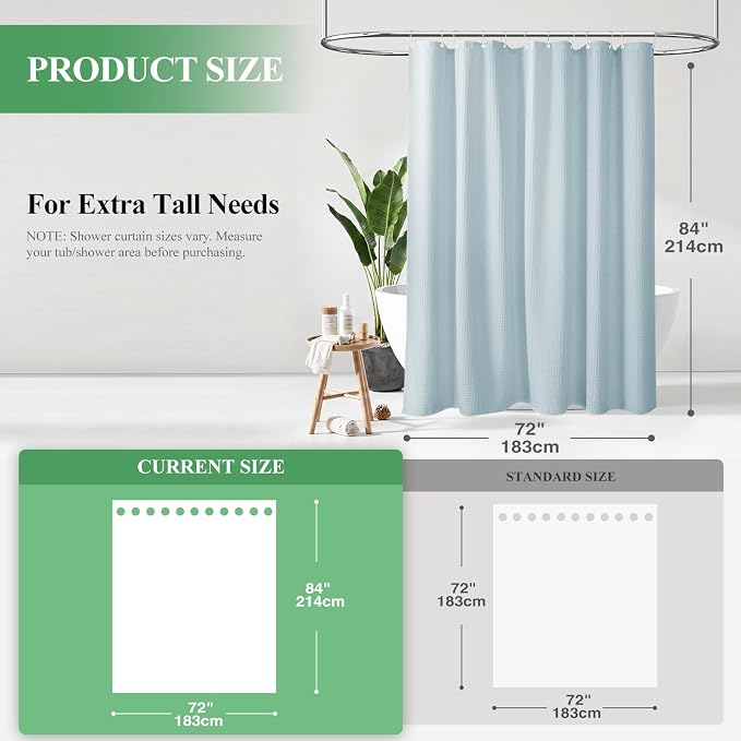Extra Long Waffle Shower Curtain 256 GSM Fabric 72"x84" Fog Blue | 84 Inch Long, Thick Polyester Cloth, Weighted Hem, Water Repellent, Washable, Tall Hotel Bathroom Shower Curtain Set 12 Hooks