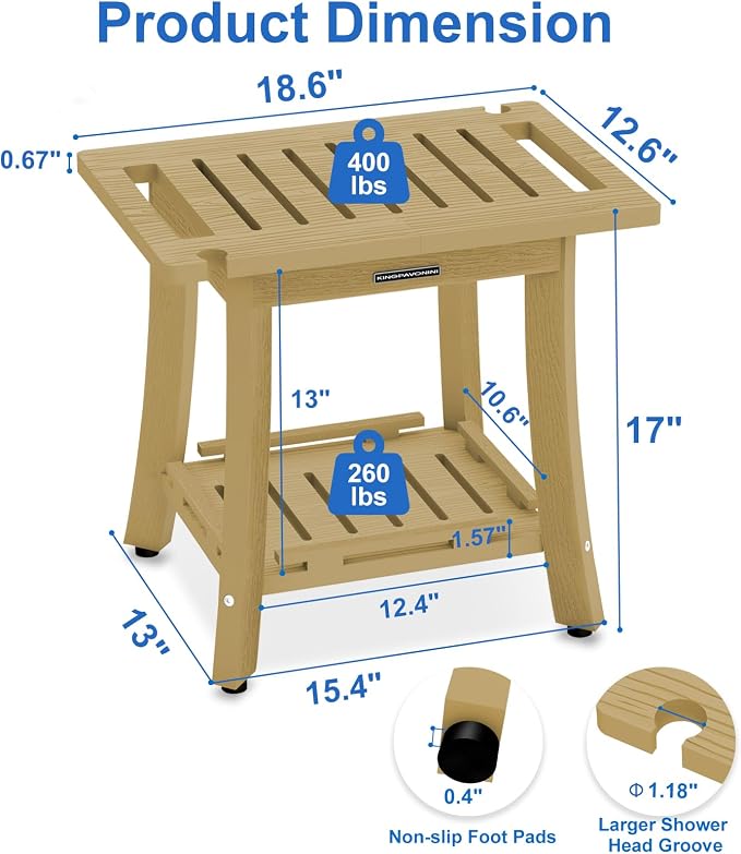 KingPavonini HDPS 18.6'' Shower Bench for Inside Shower, Bamboo M | Waterproof Shower Stool for Shaving Legs, 400 lb, Bathroom Chair Seat with Storage Shelf, for Tub/Outdoor Use, Quick Assembly