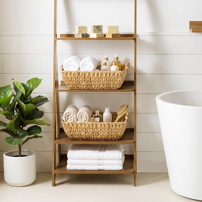 StorageWorks Hand-Woven Storage Baskets with Wooden Handles, Water Hyacinth Wicker Baskets for Organizing, 2 Pack | Wicker Storage Baskets For Shelves, Baskets With Wooden Handles, 2-Pack Gifts Basket For Home Decor, Hand-Woven Basket