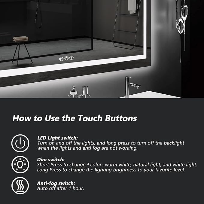 ROOMTEC 72x36 Inches LED Bathroom Mirror with Lights, Vanity Mirror with Front and Backlight, Smart Dimmable Anti-Fog LED Mirror for Bathroom, Memory Function, Tempered Glass (Horizontal)