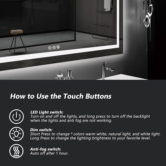 ROOMTEC 36x36 Inches LED Bathroom Mirror with Lights, Vanity Mirror with Front and Backlight, Smart Dimmable Anti-Fog LED Mirror for Bathroom, Memory Function, Tempered Glass (Horizontal/Vertical)