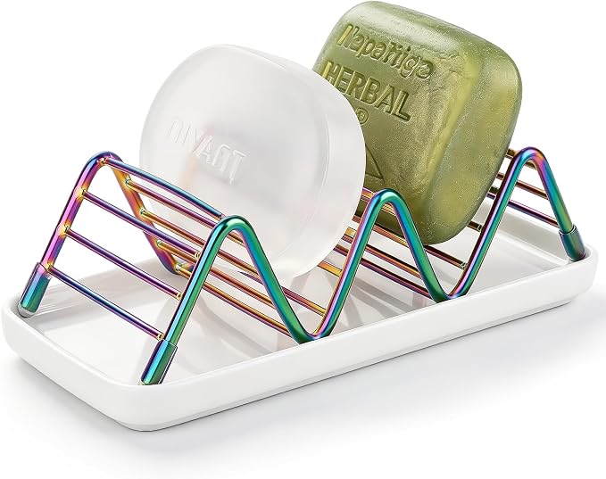 Stainless Steel Soap Dish Draining Soap Holder with Ceramic Tray, Colorful | Reversible Design Fits 2-3 Bars, Rustproof, Easy to Clean, Space Saving, Non Slip, for Bathroom, Shower, Kitchen