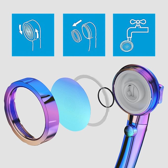 High Pressure Handheld Shower Head with ON/OFF Switch, 3 Spray Modes, Adjustable Angle Bracket, Radiant Rainbow | 3 Spray Modes Shower Wand with Shut Off Button, Camper & RV Showerhead with Hose & Angle Adjustable Holder, Radiant Rainbow