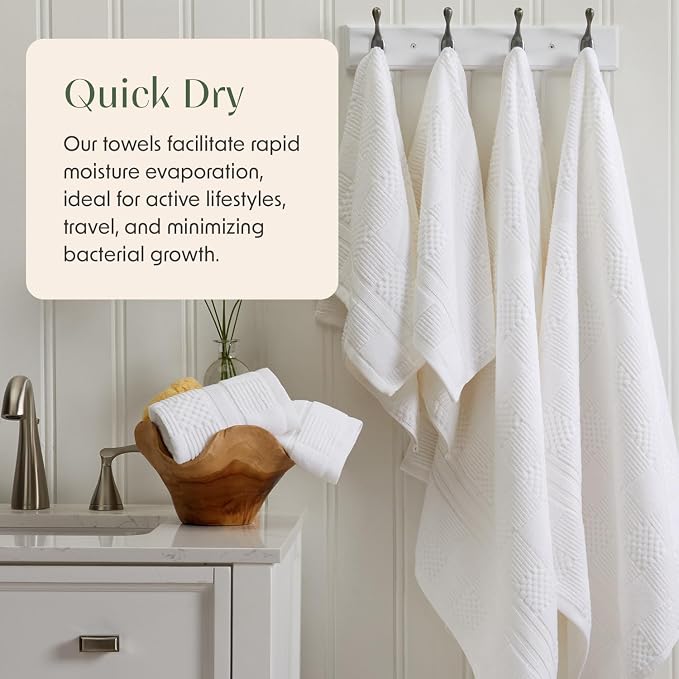 100% Cotton Bath Towel Set | 4-Pack | Textured | White | Luxury Geometric Design | Absorbent & Quick-Dry Bathroom Towels | Textured and Durable Cotton Towels for Bathroom | OEKO-TEX